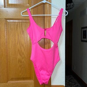 Hollister Hot Pink One Piece Swimsuit sz S Ribbed High Waist Open Front